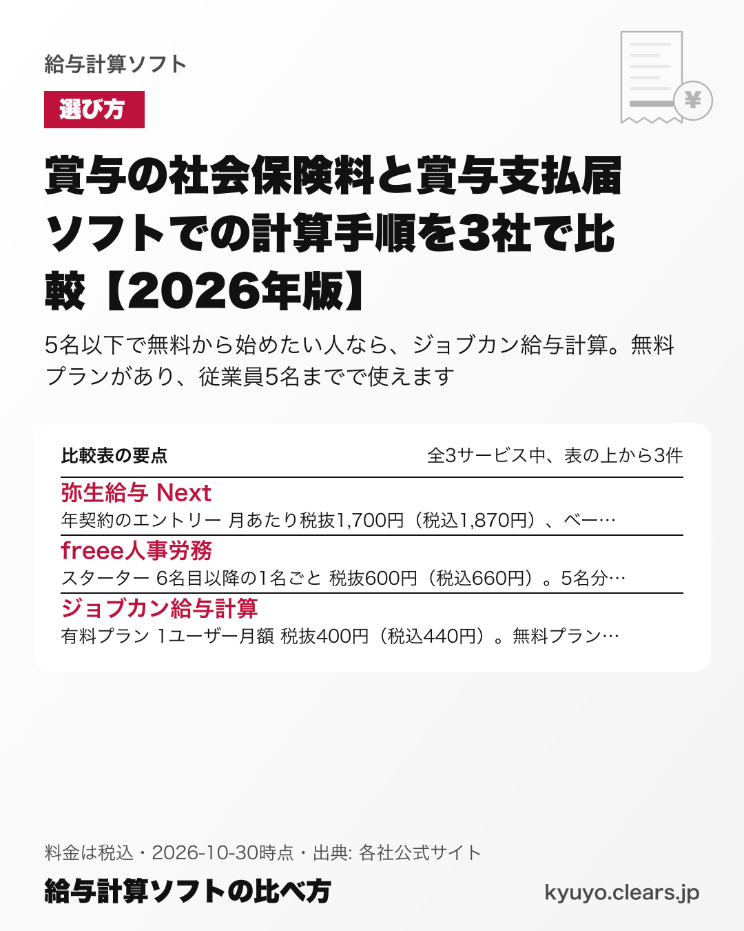 賞与の社会保険料と賞与支払届 ソフトでの計算手順を3社で比較【2026年版】の比較表の要点